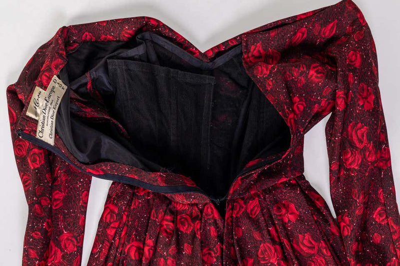 Christian Dior Demi-Couture Red Black Floral Silk Dress, 1950s Basha Gold Christian Dior Demi-Couture Red Black Floral Silk Dress, 1950s Basha Gold