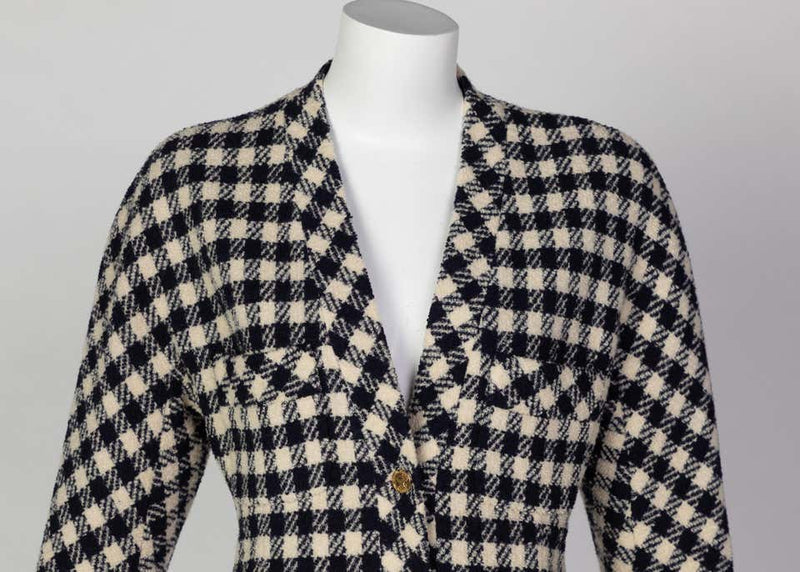 Chanel Navy Crème Wool Check Gold Button Cardigan Jacket, 1980s