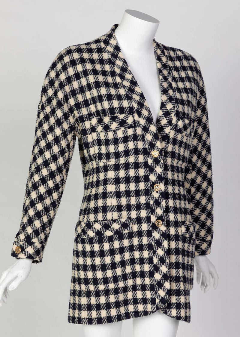 Chanel Navy Crème Wool Check Gold Button Cardigan Jacket, 1980s