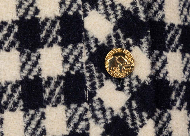 Chanel Navy Crème Wool Check Gold Button Cardigan Jacket, 1980s