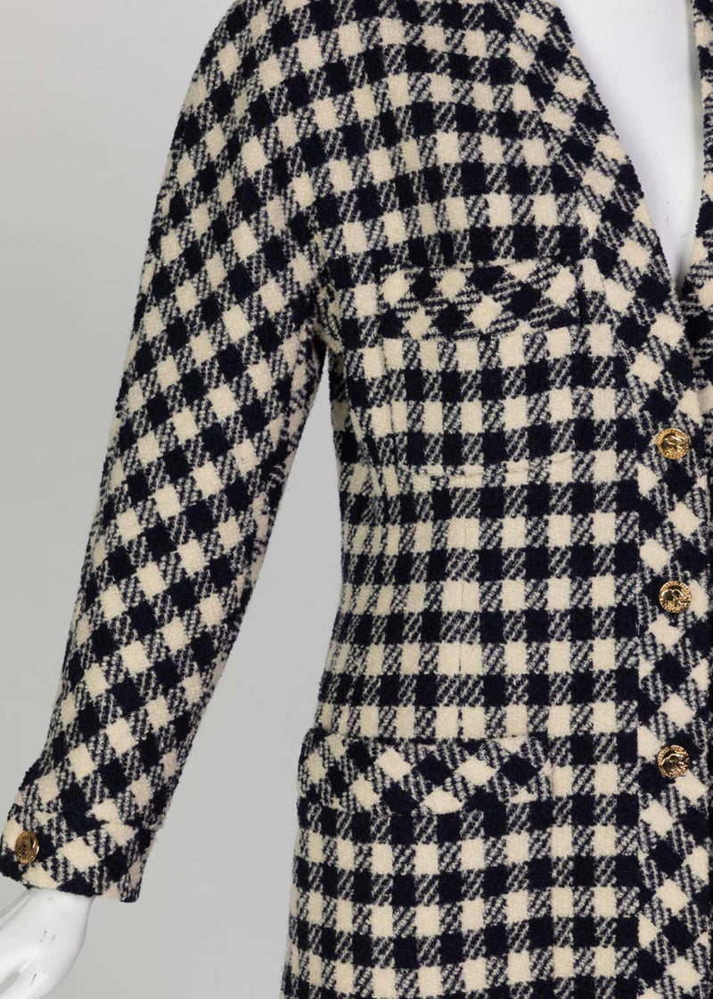 Chanel Navy Crème Wool Check Gold Button Cardigan Jacket, 1980s