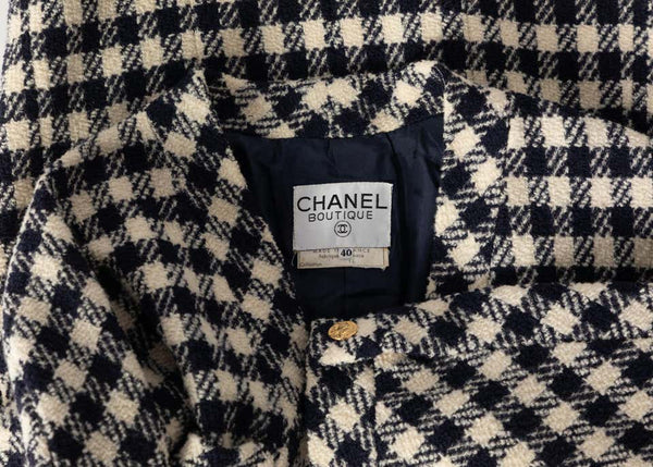 Chanel Navy Crème Wool Check Gold Button Cardigan Jacket, 1980s