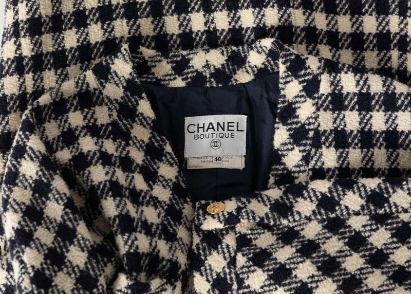 Chanel Navy Crème Wool Check Gold Button Cardigan Jacket, 1980s