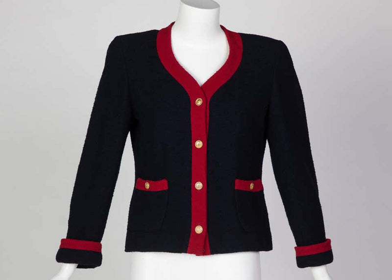 Chanel Navy & Red Boucle Jacket w/ Gold CC Buttons, 1980s