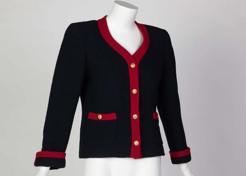 Chanel Navy & Red Boucle Jacket w/ Gold CC Buttons, 1980s