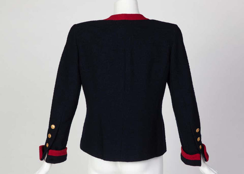 Chanel Navy & Red Boucle Jacket w/ Gold CC Buttons, 1980s