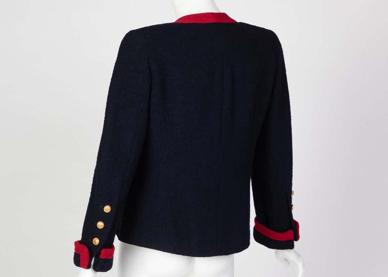 Chanel Navy & Red Boucle Jacket w/ Gold CC Buttons, 1980s