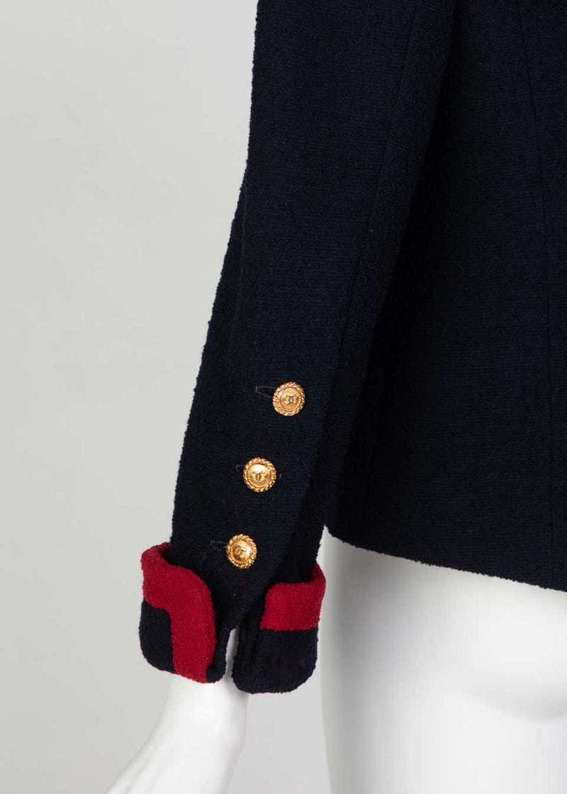Chanel Navy & Red Boucle Jacket w/ Gold CC Buttons, 1980s