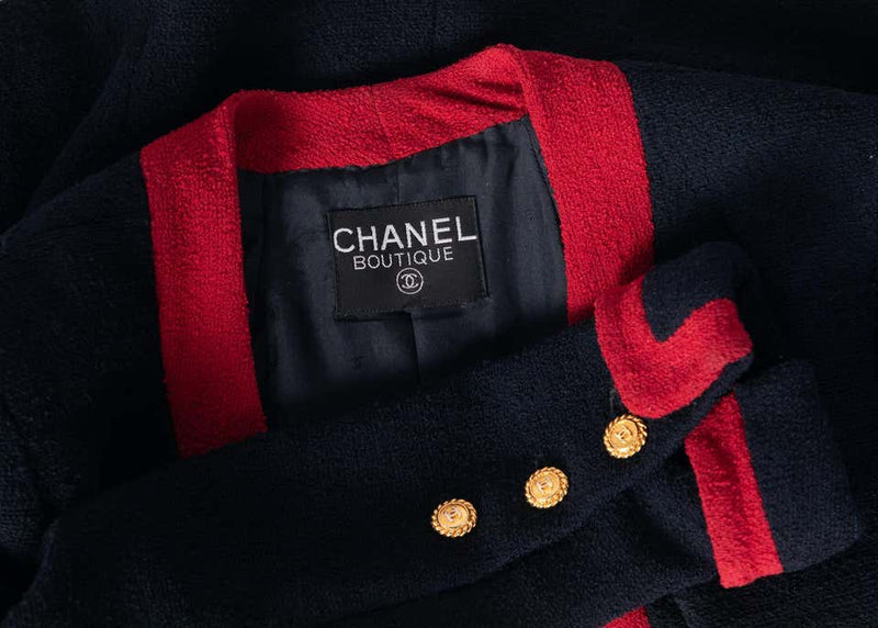 Chanel Navy & Red Boucle Jacket w/ Gold CC Buttons, 1980s