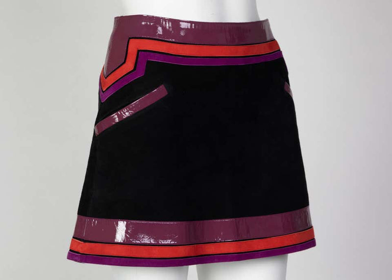 Gucci Black Suede Purple Pink Patent Leather Mod Mini Skirt Runway, 2007