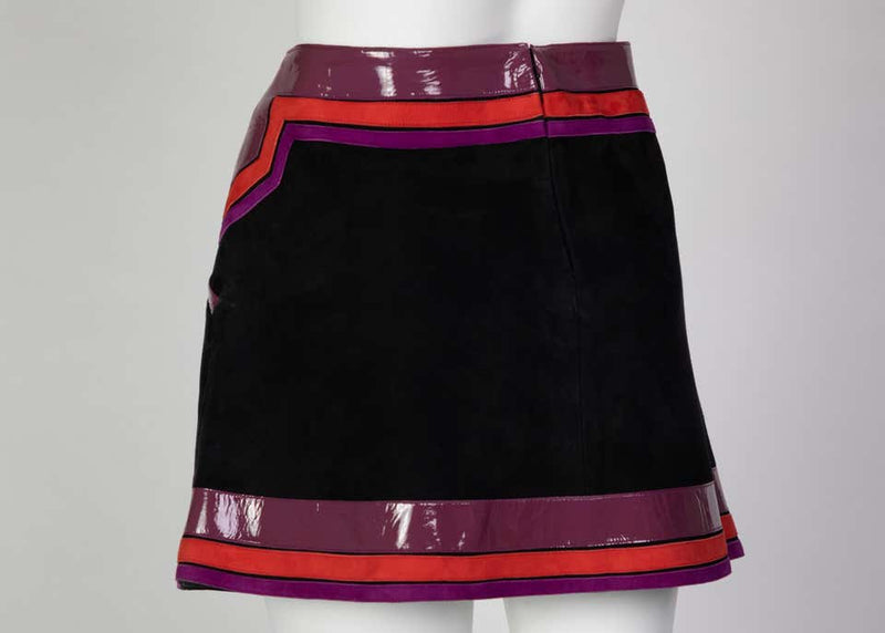 Gucci Black Suede Purple Pink Patent Leather Mod Mini Skirt Runway, 2007