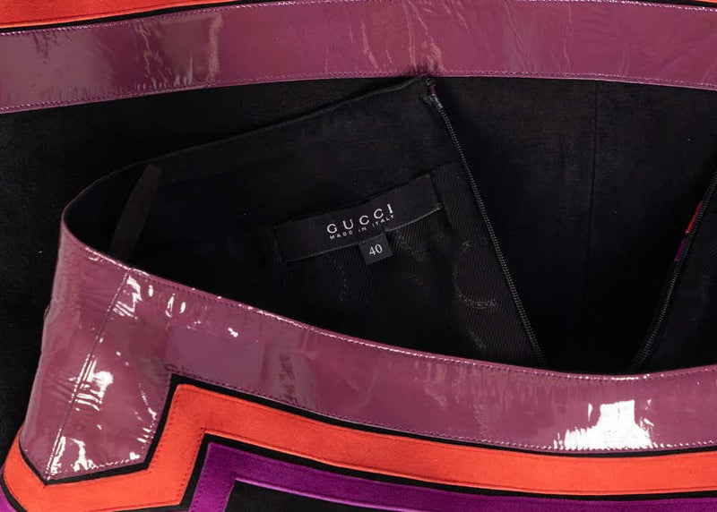 Gucci Black Suede Purple Pink Patent Leather Mod Mini Skirt Runway, 2007