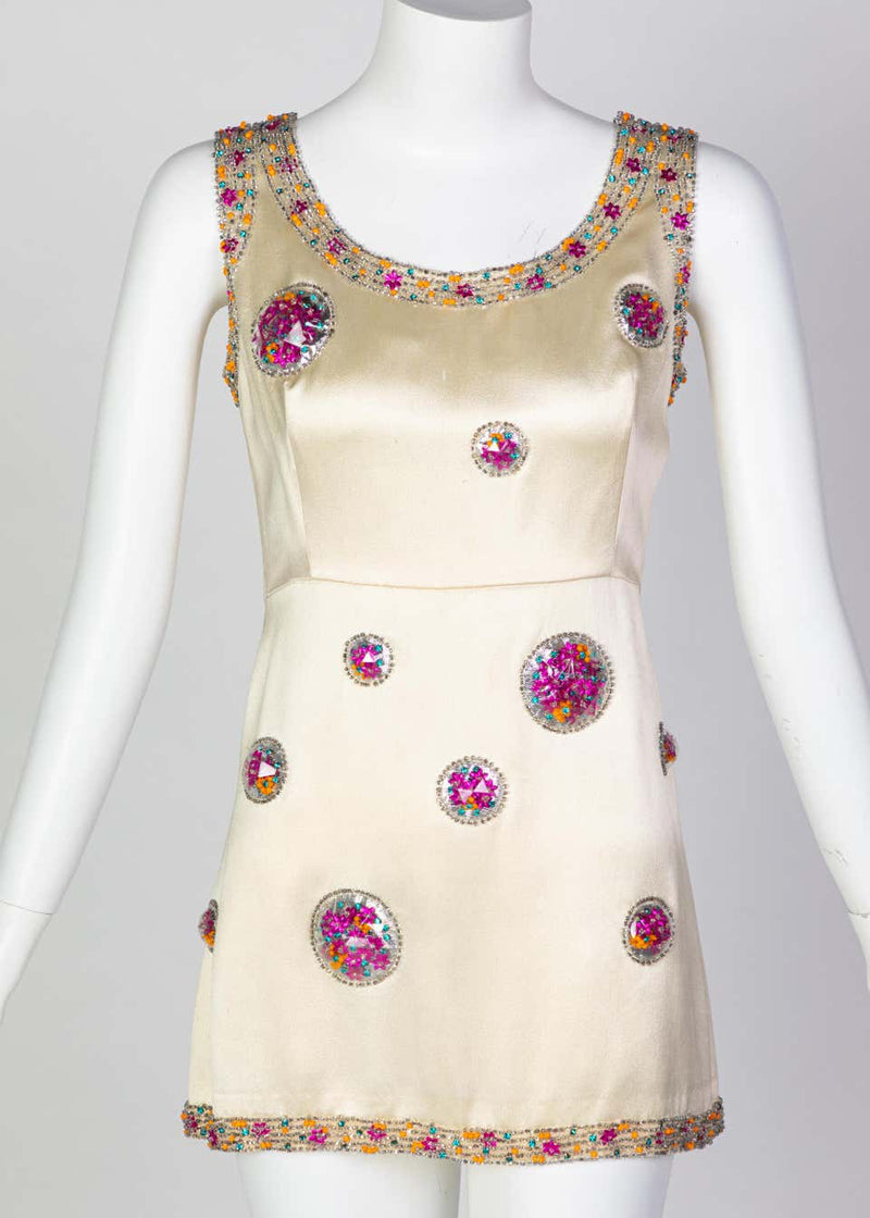 Chloé by Karl Lagerfeld Cream Satin Beaded Lame Pod Applique Mini dress, 1960s