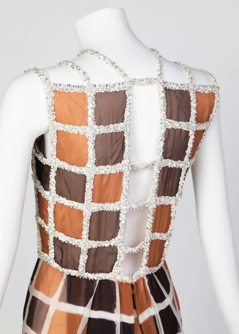 James Galanos Couture Chiffon Dress with Sequin Lattice Straps, 1980s
