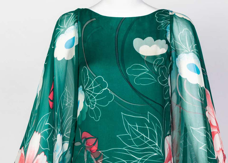 Hanae Mori Couture Green Floral Print Silk Caftan Maxi Dress, 1970s