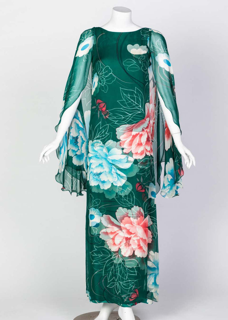 Hanae Mori Couture Green Floral Print Silk Caftan Maxi Dress, 1970s