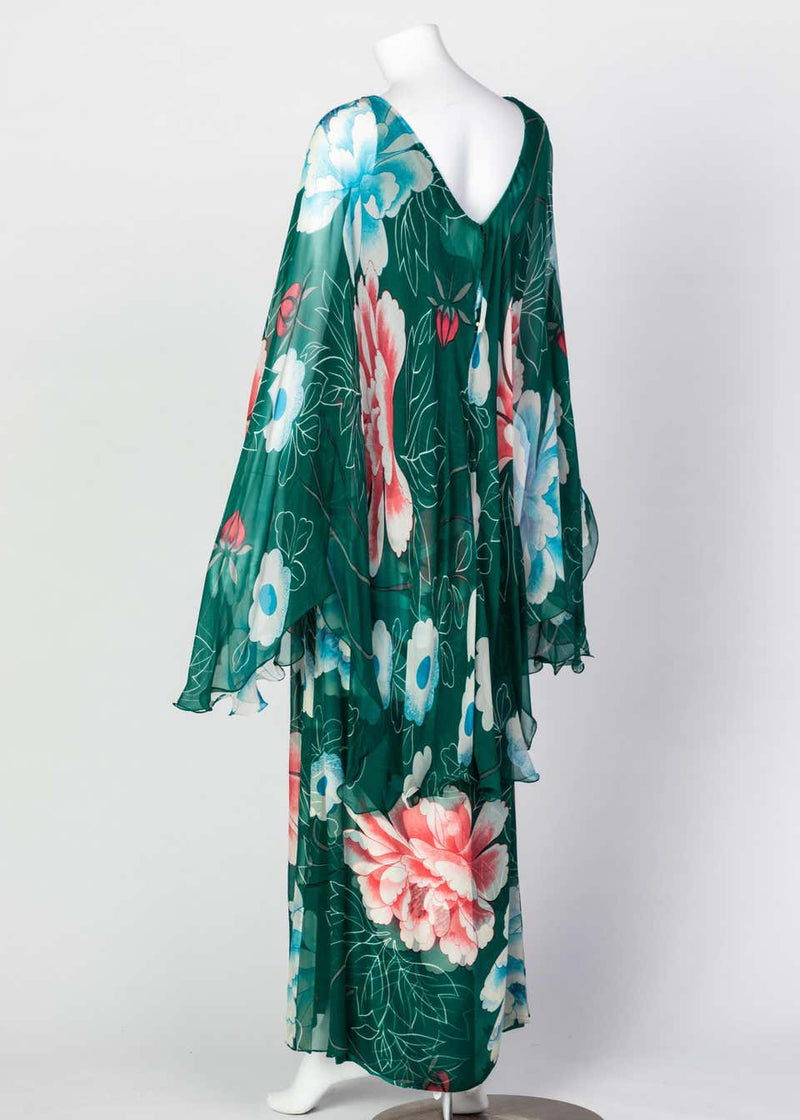 Hanae Mori Couture Green Floral Print Silk Caftan Maxi Dress, 1970s