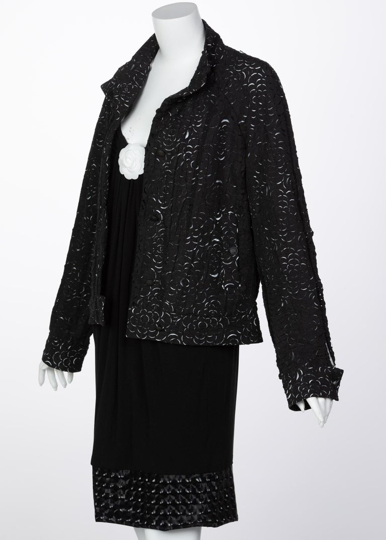 Chanel Sleeveless Black Cocktail Dress Camellia Laser Cut Bomber Jacket Set,