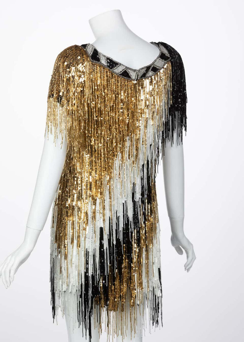 Incredible Vintage Bob Mackie Gold Black White Beaded Fringe Mini Dress