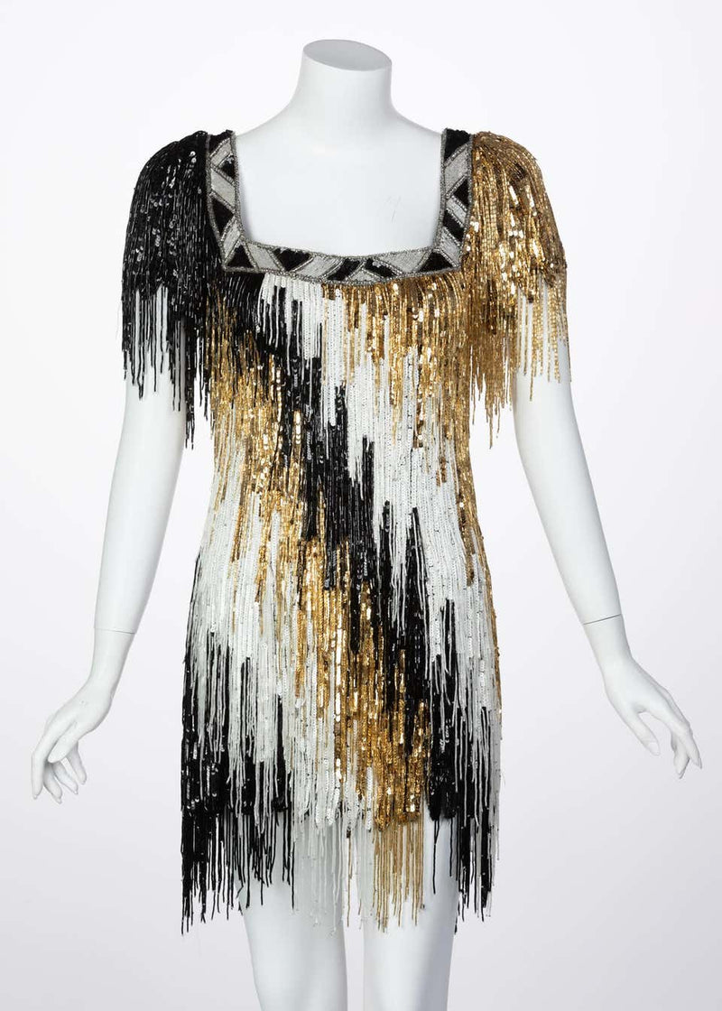 Incredible Vintage Bob Mackie Gold Black White Beaded Fringe Mini Dres Basha Gold Incredible Vintage Bob Mackie Gold Black White Beaded Fringe Mini Dres Basha Gold