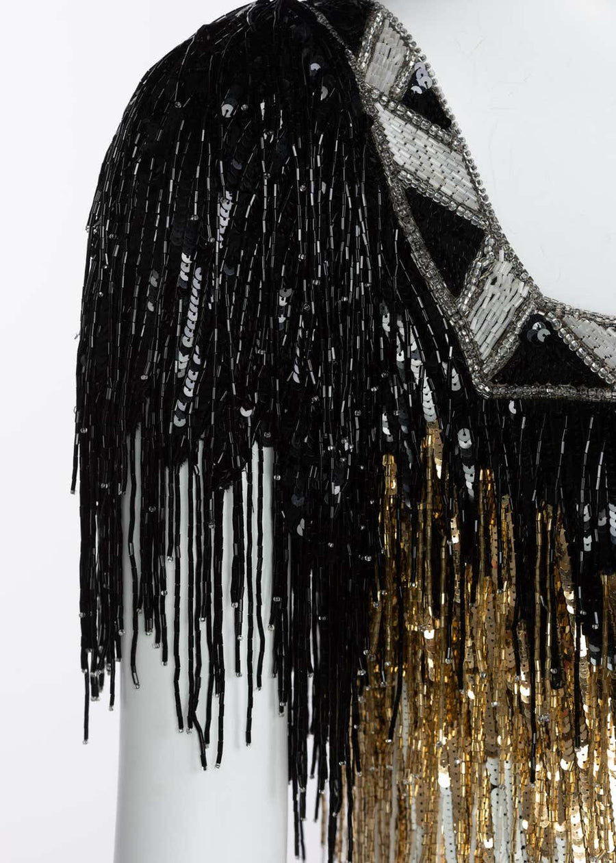 bob mackie mini dress Incredible Vintage Bob Mackie Gold Black White Beaded Fringe Mini Dres –  Basha Gold