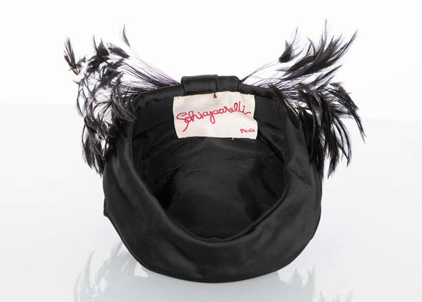 Vintage Elsa Schiaparelli Black Sculpted Satin Hat With Feathers