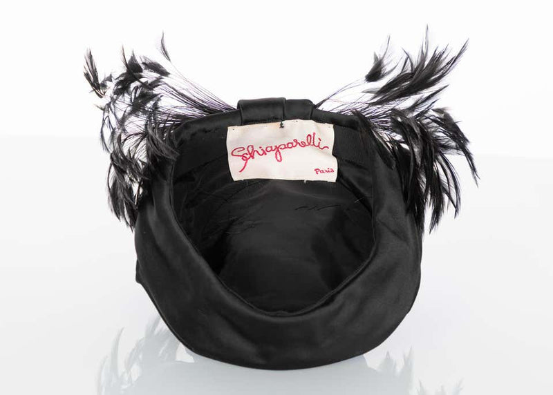 Vintage Elsa Schiaparelli Black Sculpted Satin Hat With Feathers
