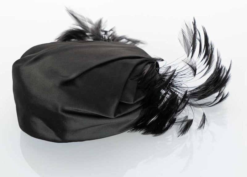 Vintage Elsa Schiaparelli Black Sculpted Satin Hat With Feathers