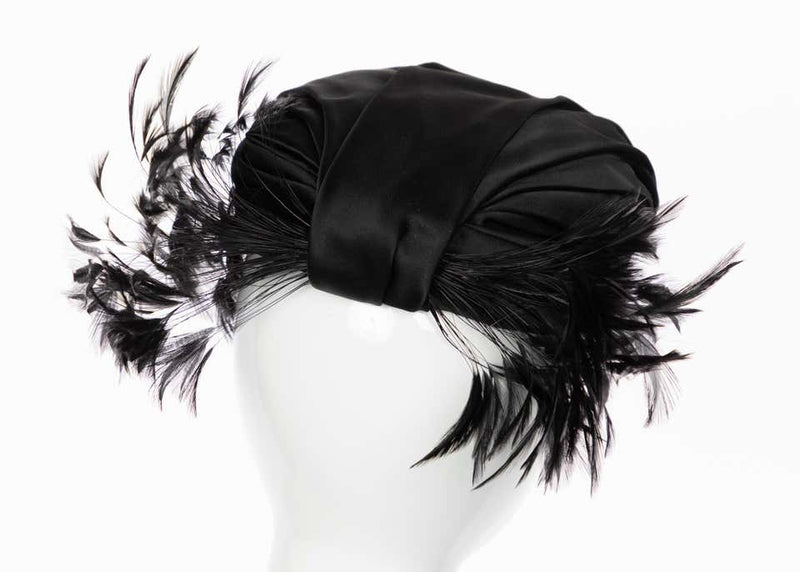 Vintage Elsa Schiaparelli Black Sculpted Satin Hat With Feathers