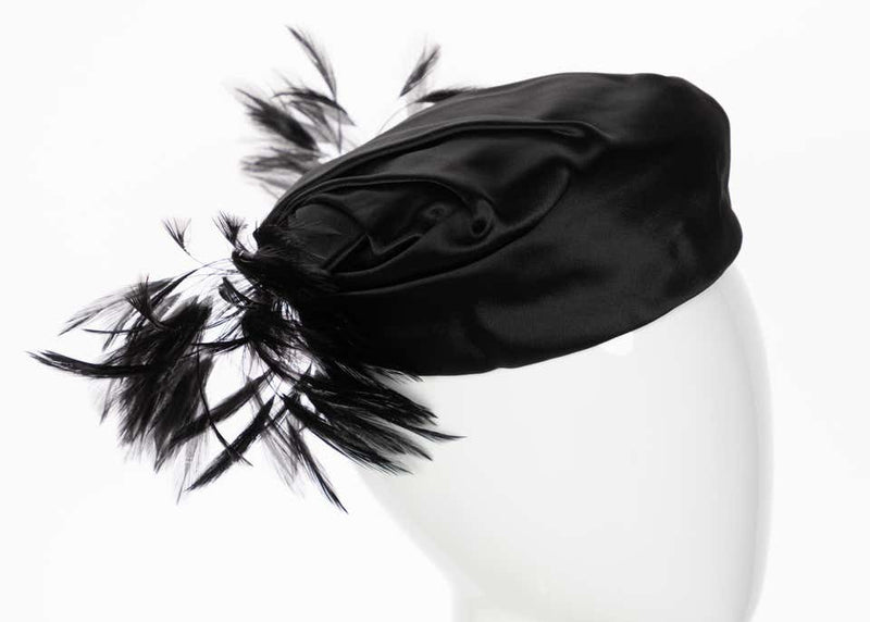Vintage Elsa Schiaparelli Black Sculpted Satin Hat With Feathers