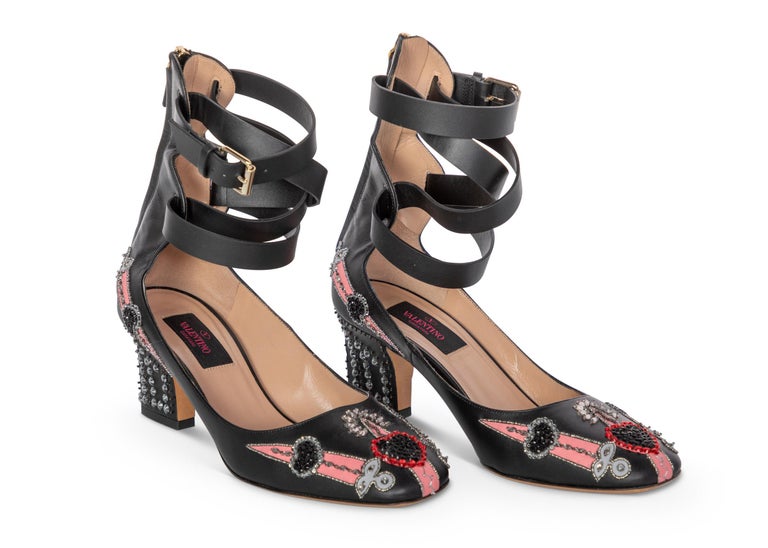 Valentino Love Blade Black Crystal embellished Ankle Strap Pumps Size 37