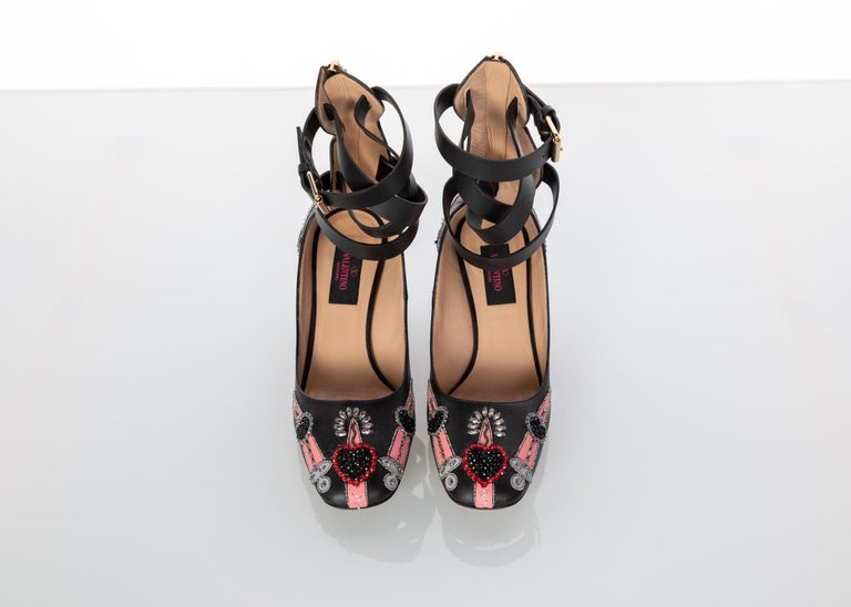 Valentino Love Blade Black Crystal embellished Ankle Strap Pumps Size 37