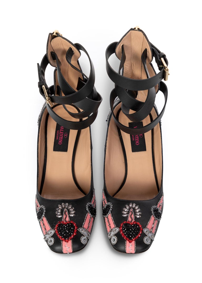 Valentino Love Blade Black Crystal embellished Ankle Strap Pumps Size 37