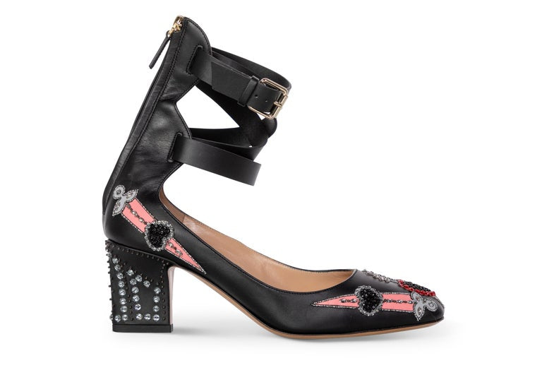 Valentino Love Blade Black Crystal embellished Ankle Strap Pumps Size 37
