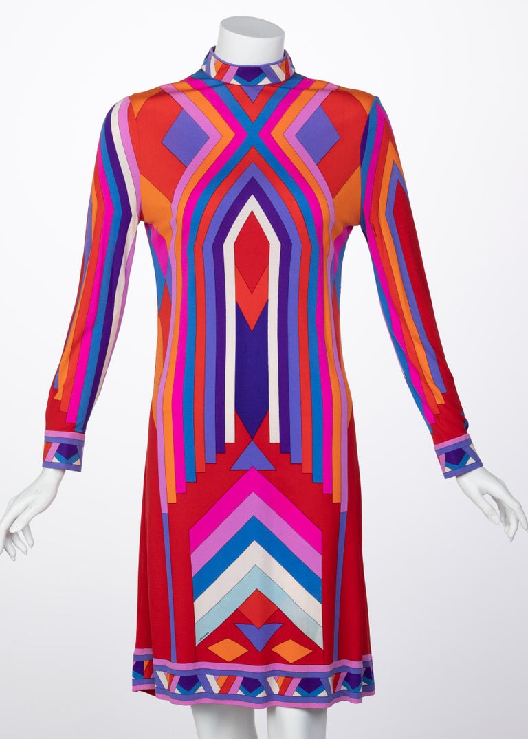 Leonard Paris Silk Jersey Graphic Printed Dress with belt, 1970s