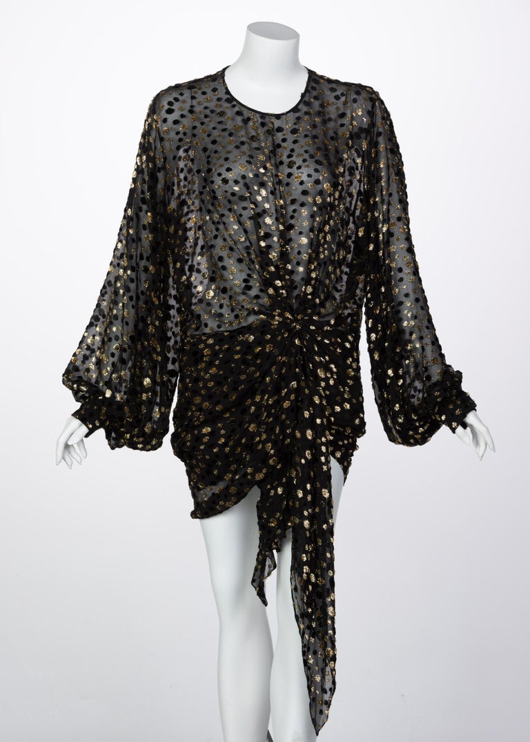 Saint Laurent Sheer Black Silk Gold Lurex Dot Cut Out Back Tunic Mini Dress