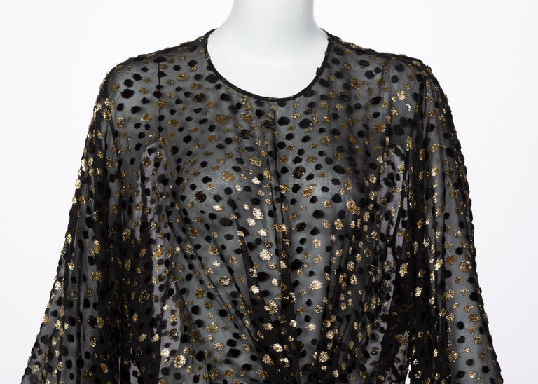 Saint Laurent Sheer Black Silk Gold Lurex Dot Cut Out Back Tunic Mini Dress