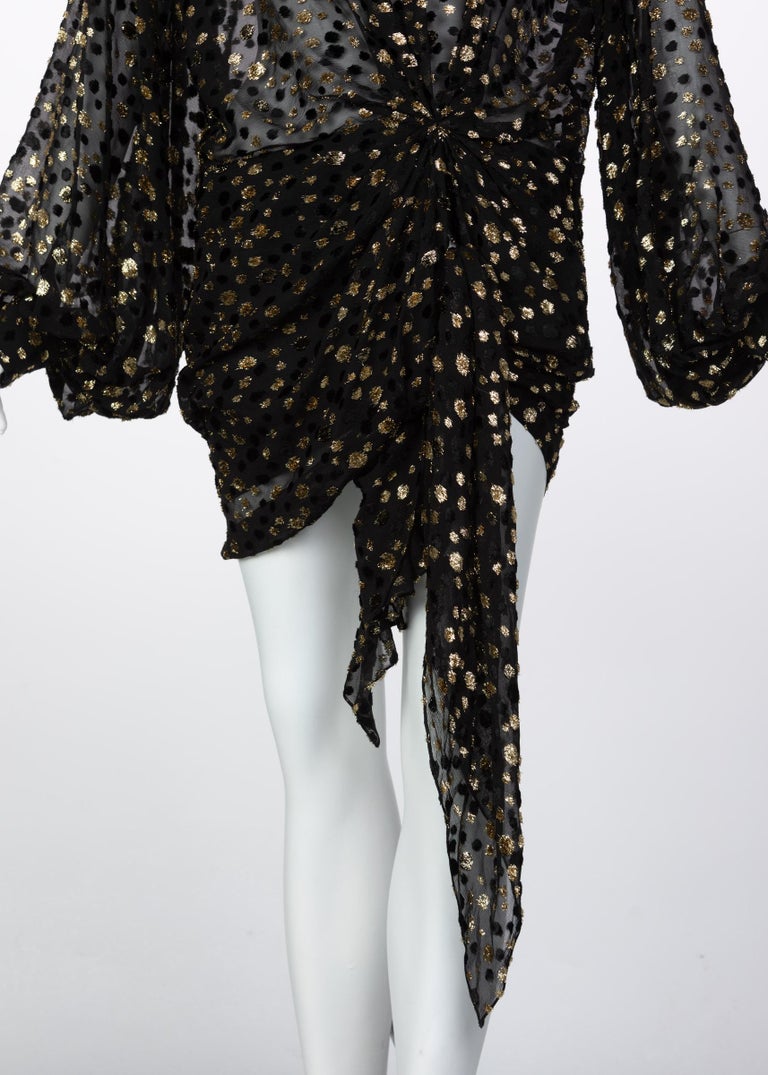 Saint Laurent Sheer Black Silk Gold Lurex Dot Cut Out Back Tunic Mini Dress