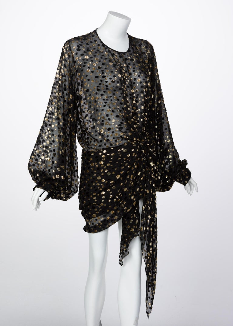 Saint Laurent Sheer Black Silk Gold Lurex Dot Cut Out Back Tunic Mini Dress