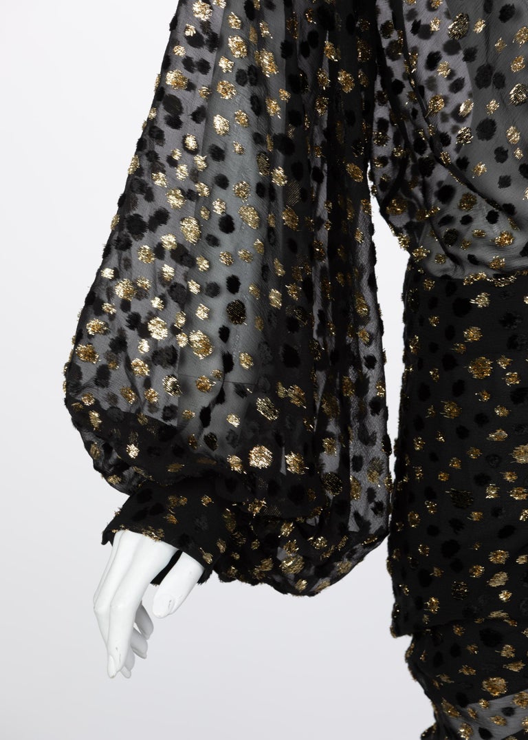 Saint Laurent Sheer Black Silk Gold Lurex Dot Cut Out Back Tunic Mini Dress