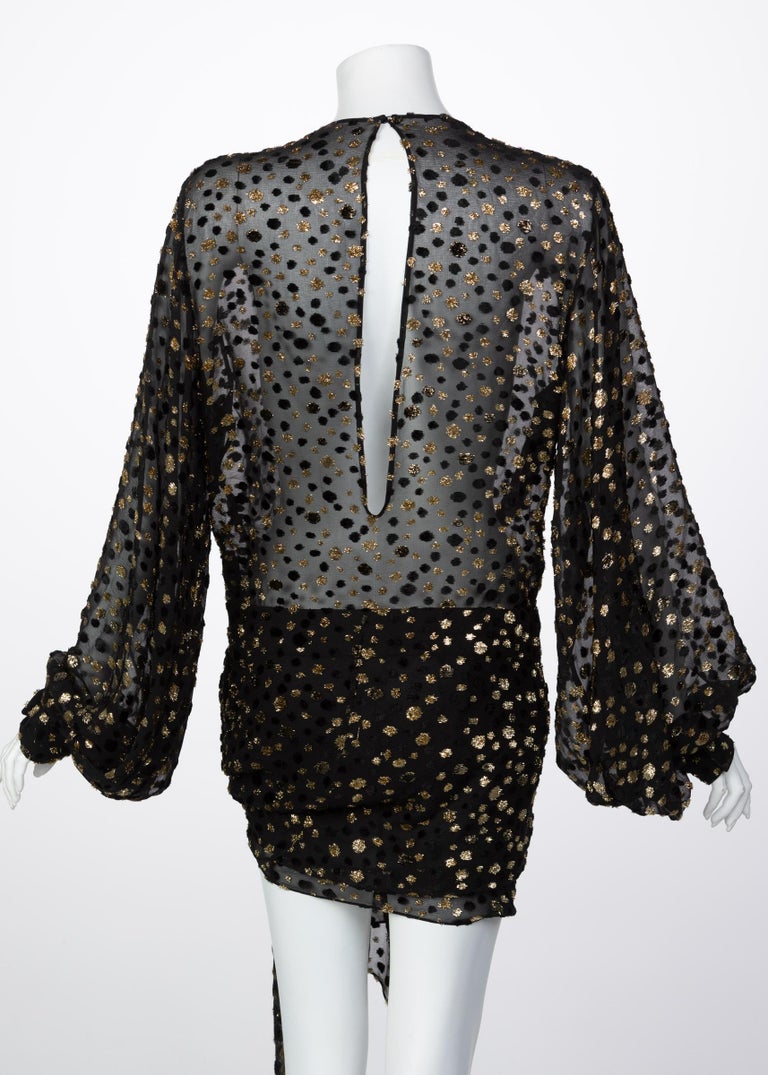 Saint Laurent Sheer Black Silk Gold Lurex Dot Cut Out Back Tunic Mini Dress