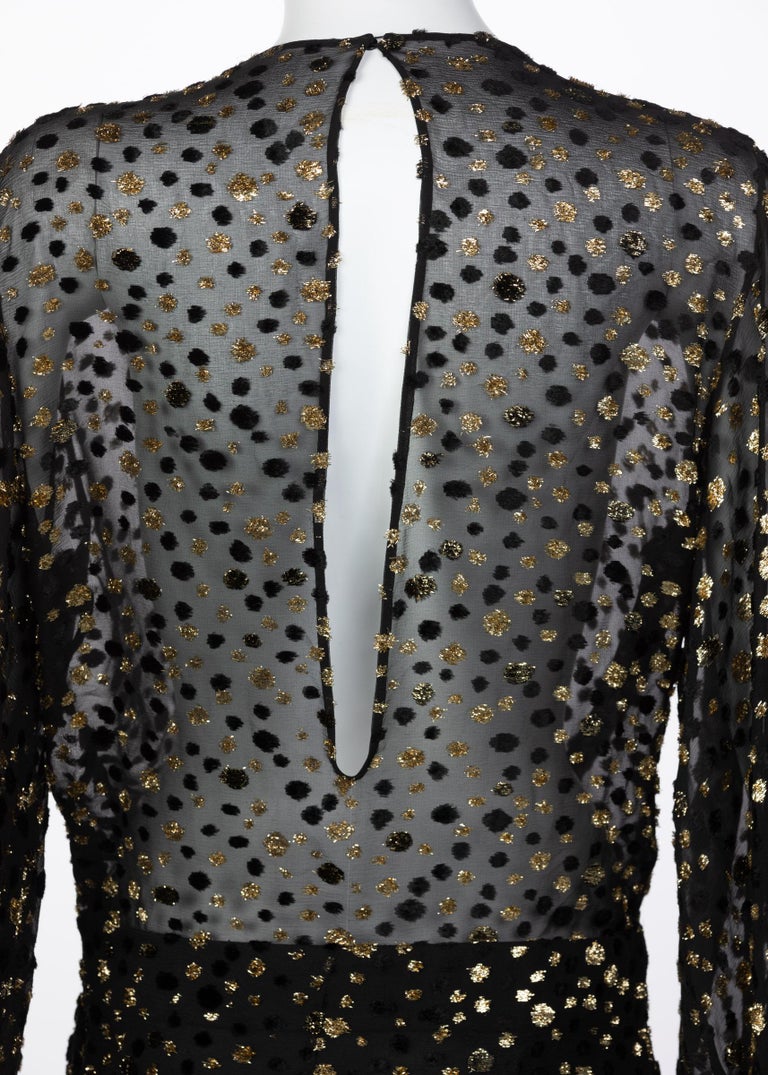 Saint Laurent Sheer Black Silk Gold Lurex Dot Cut Out Back Tunic Mini Dress