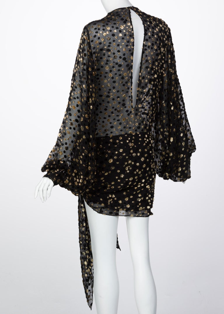 Saint Laurent Sheer Black Silk Gold Lurex Dot Cut Out Back Tunic Mini Dress