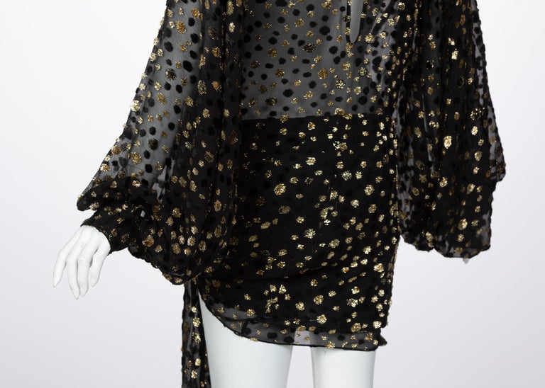 Saint Laurent Sheer Black Silk Gold Lurex Dot Cut Out Back Tunic Mini Dress