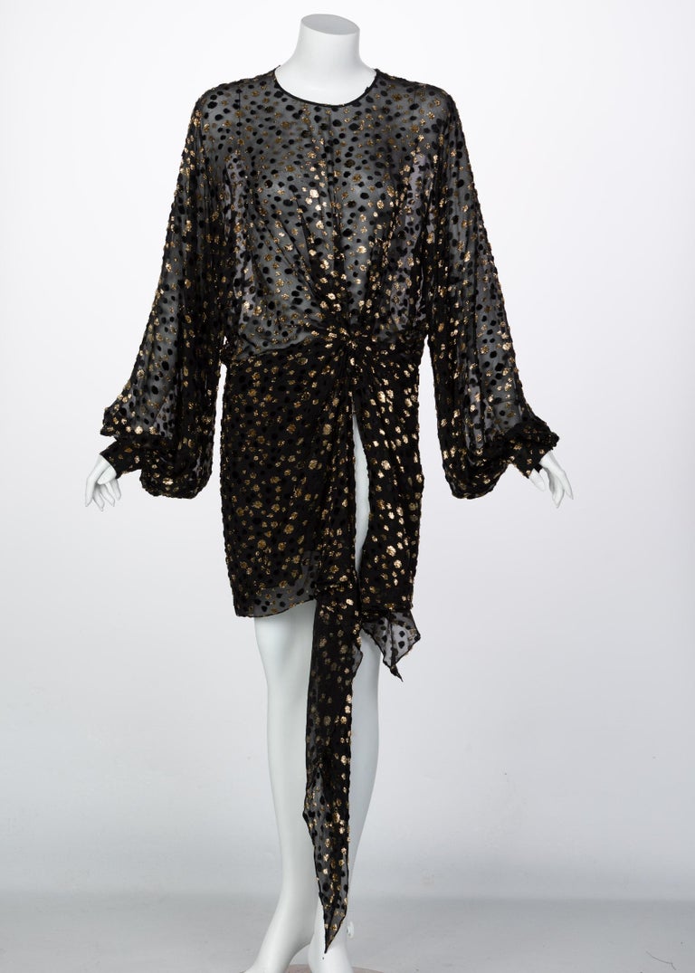 Saint Laurent Sheer Black Silk Gold Lurex Dot Cut Out Back Tunic Mini Dress