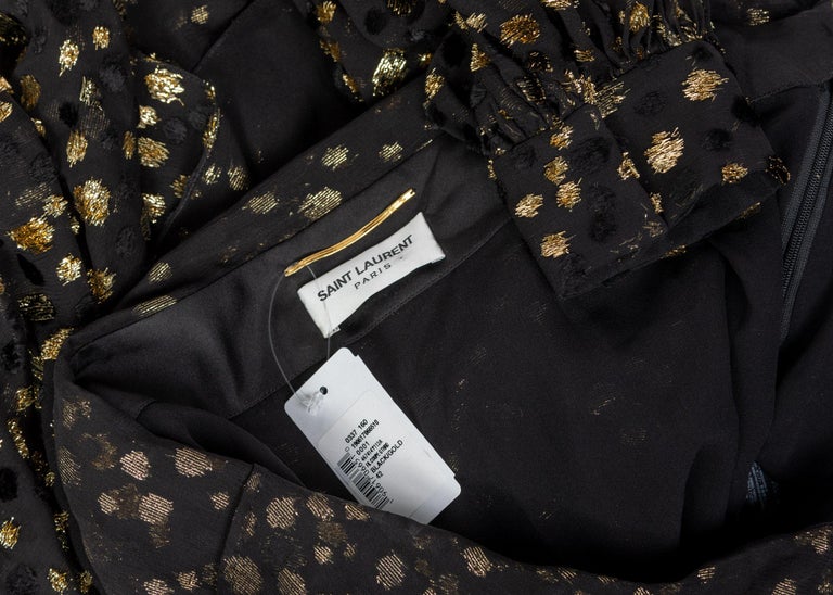 Saint Laurent Sheer Black Silk Gold Lurex Dot Cut Out Back Tunic Mini Dress