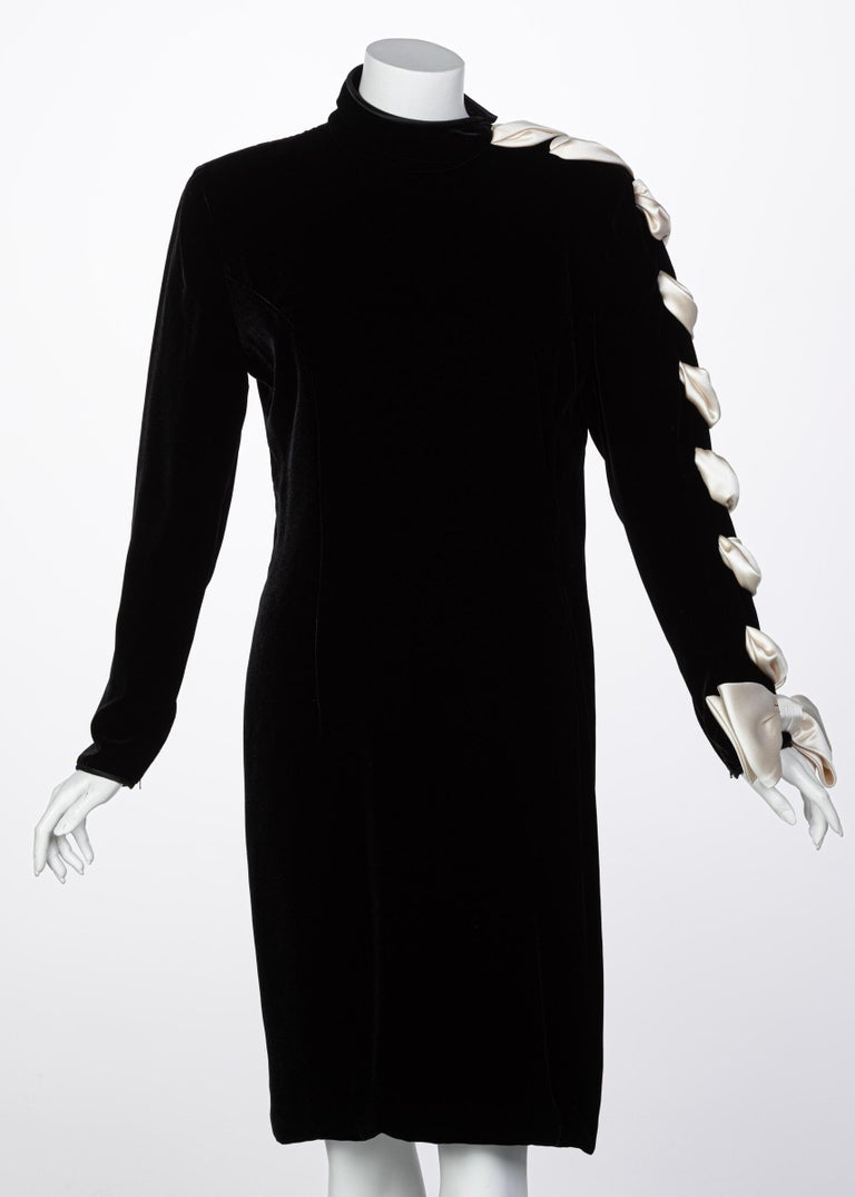 Valentino Black Velvet Ivory Satin Ribbon Bow Dress, 1980s
