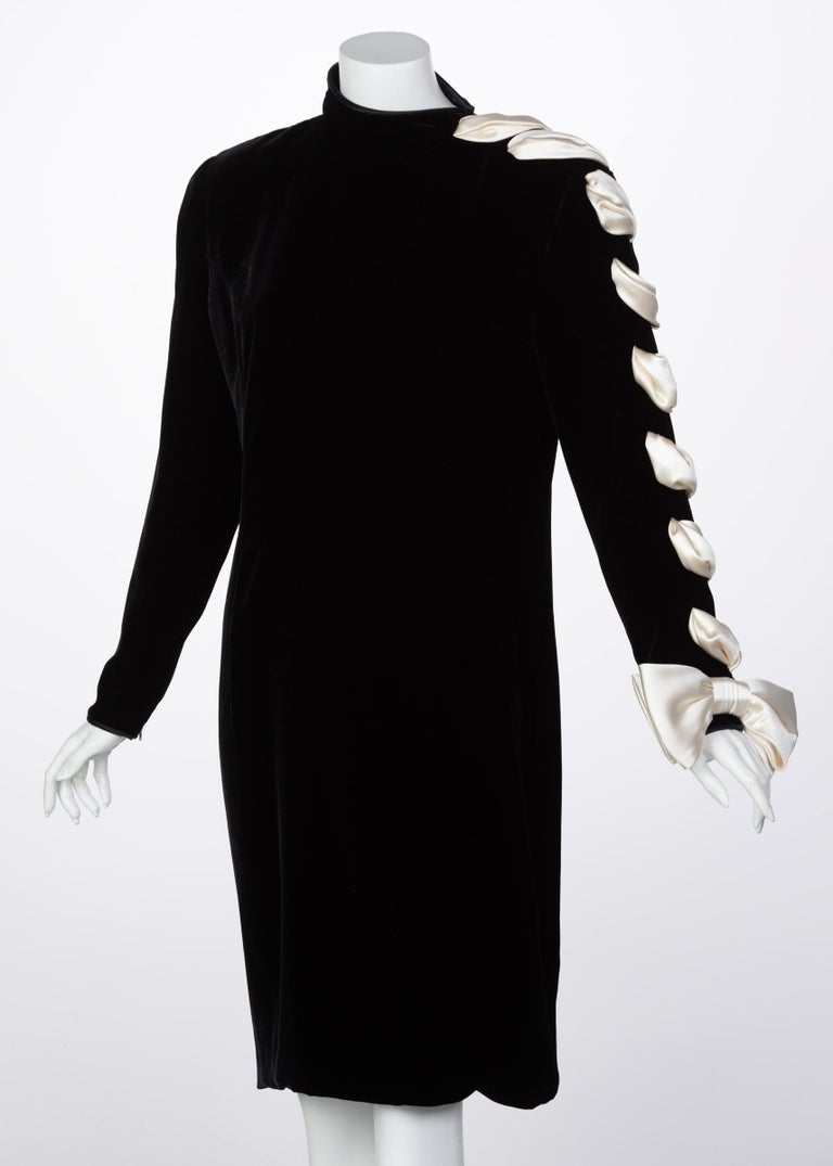 Valentino Black Velvet Ivory Satin Ribbon Bow Dress, 1980s