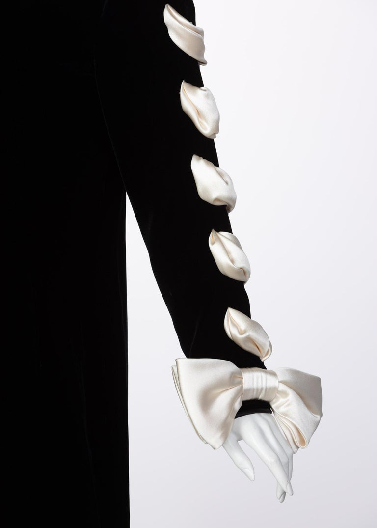 Valentino Black Velvet Ivory Satin Ribbon Bow Dress, 1980s