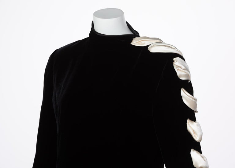 Valentino Black Velvet Ivory Satin Ribbon Bow Dress, 1980s